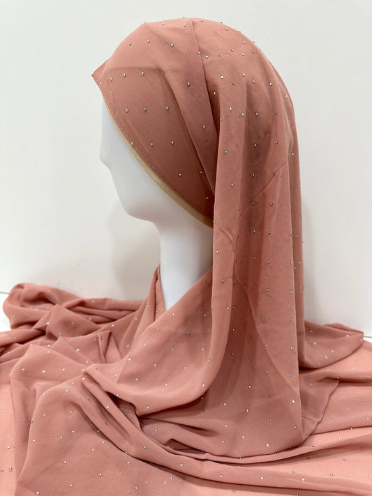 Peach Rhinestone Georgette Hijab